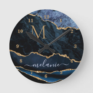 Navy Blue Gold Marble Your Letter Name Wall Clock