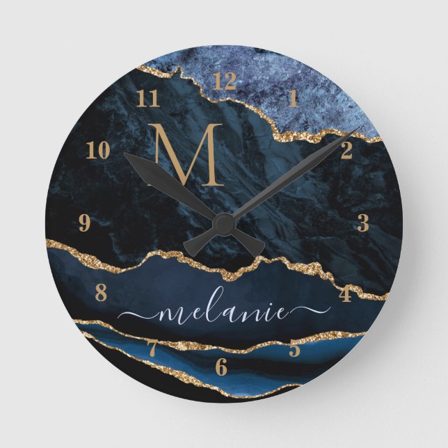 Navy Blue Gold Marble Your Letter Name Wall Clock (Front)