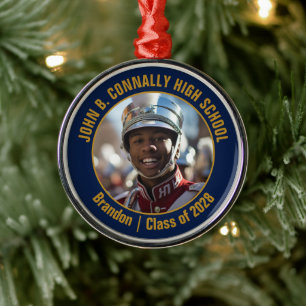 Navy Blue Gold Marching Band Photo Christmas Metal Ornament