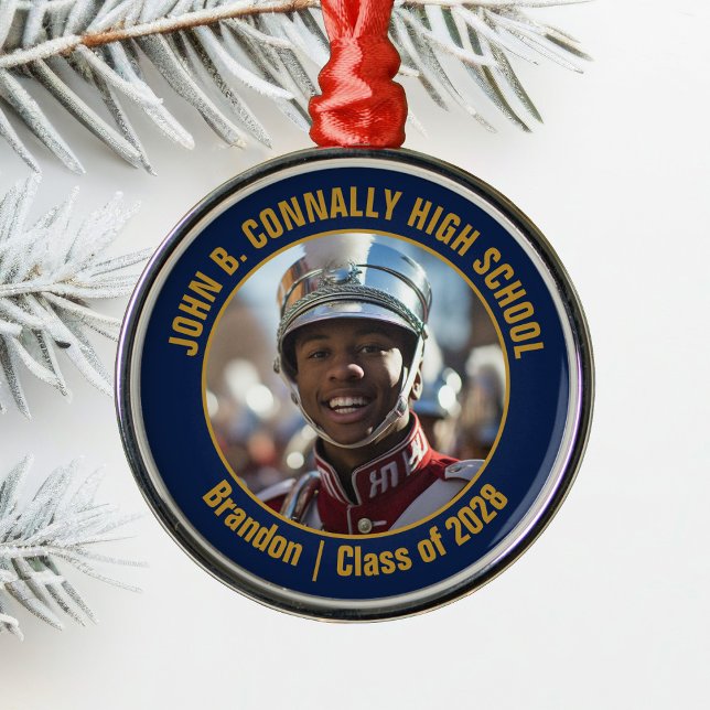 Navy Blue Gold Marching Band Photo Christmas Metal Ornament (Creator Uploaded)