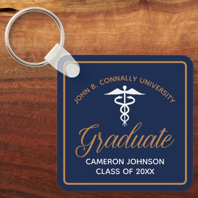 Navy Blue Gold Medical School Graduation Keepsake Key Ring (Front)