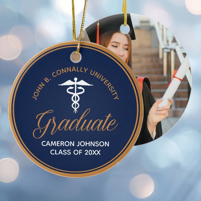 Navy Blue Gold Medical School Graduation Photo Ceramic Ornament (Creator Uploaded)