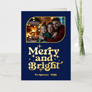 Navy Blue & Gold Merry and Bright Photo Christmas Foil Holiday Card