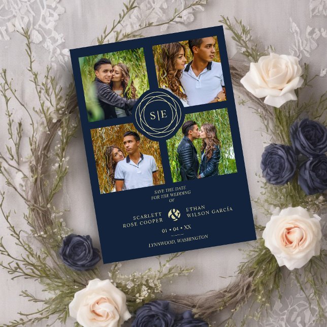 Navy Blue & Gold Minimal Initials 4 Multi Photos Save The Date (Navy Blue & Faux Gold Minimal Initials Simple Wedding Fancy 4 Multi Photos Collage Save the Date.)