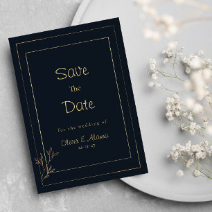 Navy blue gold minimalist floral Save The Date Invitation