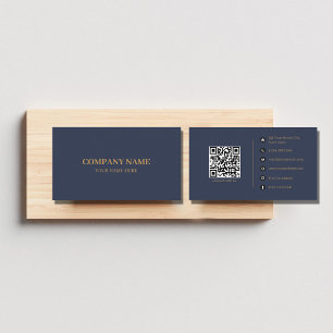 Navy Blue Gold Minimalist Social Media QR Code  Business Card