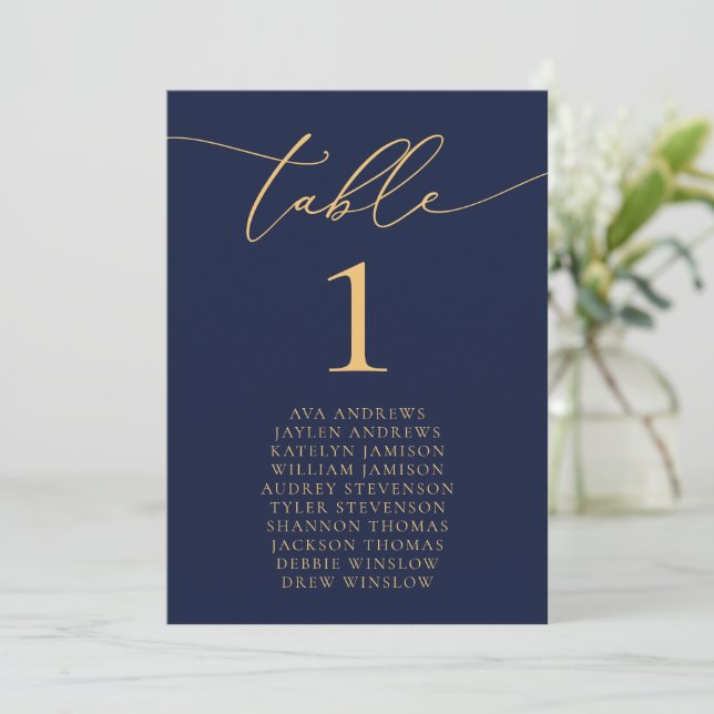 Navy Blue & Gold Minimalist Wedding Seating Invitation (Standing Front)