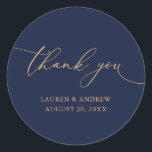 Navy Blue & Gold Minimalist Wedding Thank You Classic Round Sticker<br><div class="desc">Our modern minimalist thank you sticker/seal has "thank you" written in modern calligraphy script and can be fully customised with your name,  dates and background colour. Made to match our Purple Plum Modern Minimalist Wedding Suite.</div>