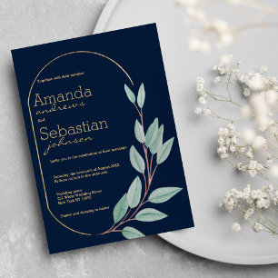 Navy blue gold mint green foliage floral wedding  invitation