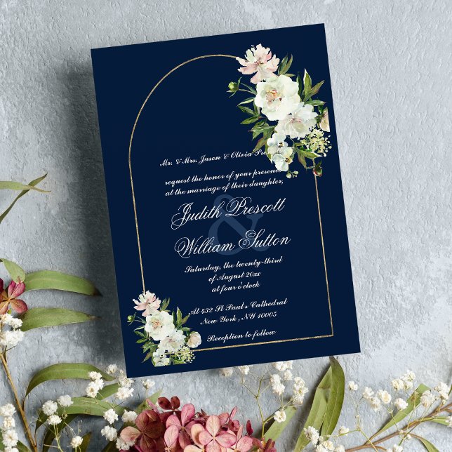 Navy blue gold mint white peony floral wedding invitation (Navy blue gold mint white peony floral wedding )