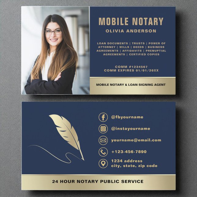Navy Blue Gold Mobile Notary Signing Agent Photo  Business Card (Creator Uploaded)