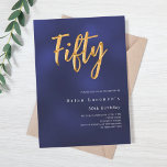 Navy blue gold modern 50th birthday invitation<br><div class="desc">A modern,  stylish invitation for a 50th birthday party for both him and her. The blue colour is uneven. Navy blue background and the word Fifty written with large faux gold letters. Personalise and add a name and party details. White text.</div>
