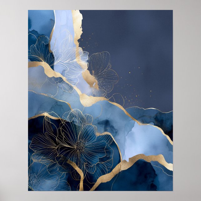 Navy Blue Gold Modern Abstract Flowers Wall Art (Front)