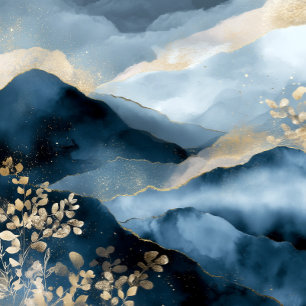 Navy Blue Gold Modern Abstract Landscape Wall Art