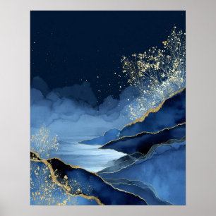 Navy Blue Gold Modern Abstract Landscape Wall Art