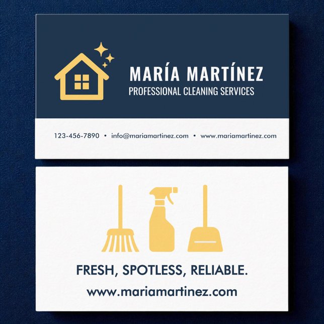 Navy Blue & Gold Modern Cleaning Services Logo Business Card (Creator Uploaded)