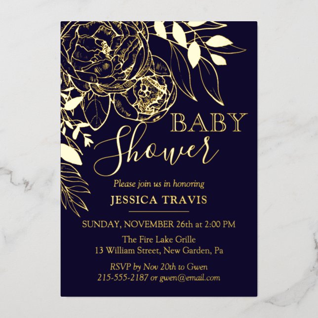 Navy Blue & Gold Modern Floral Baby Shower (Front)