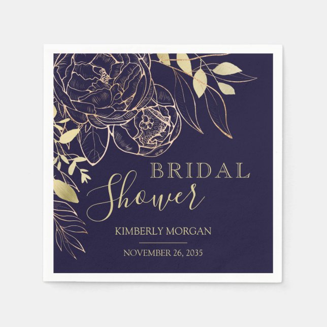 Navy Blue & Gold Modern Floral Bridal Shower Napki Napkin (Front)