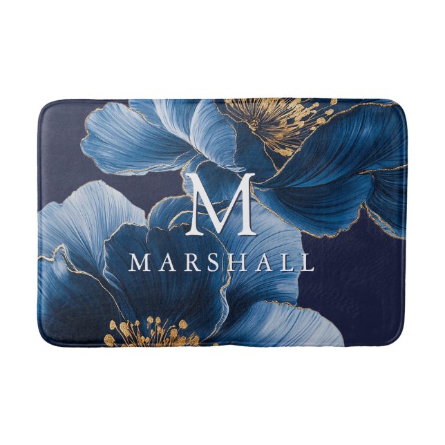 Navy Blue Gold Modern Floral Monogram Family Name Bath Mat (Front)