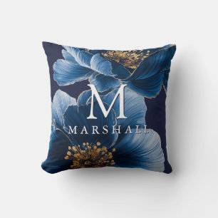 Navy Blue Gold Modern Floral Monogram Family Name Cushion