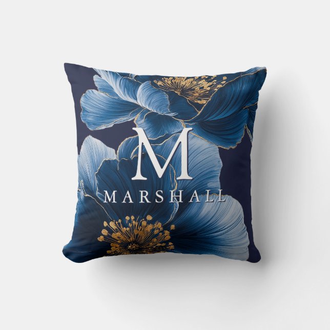 Navy Blue Gold Modern Floral Monogram Family Name Cushion (Front)