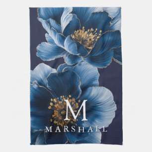 Navy Blue Gold Modern Floral Monogram Family Name Tea Towel