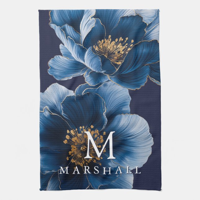 Navy Blue Gold Modern Floral Monogram Family Name Tea Towel (Vertical)