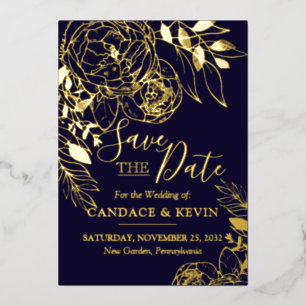 Navy Blue & Gold Modern Floral Peony Save the Date