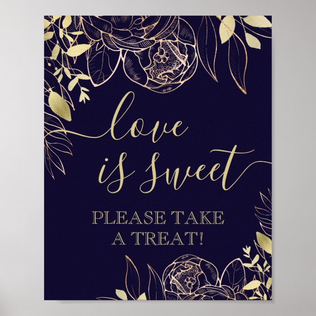 Navy Blue & Gold Modern Floral Sweet Favour Table Poster (Front)