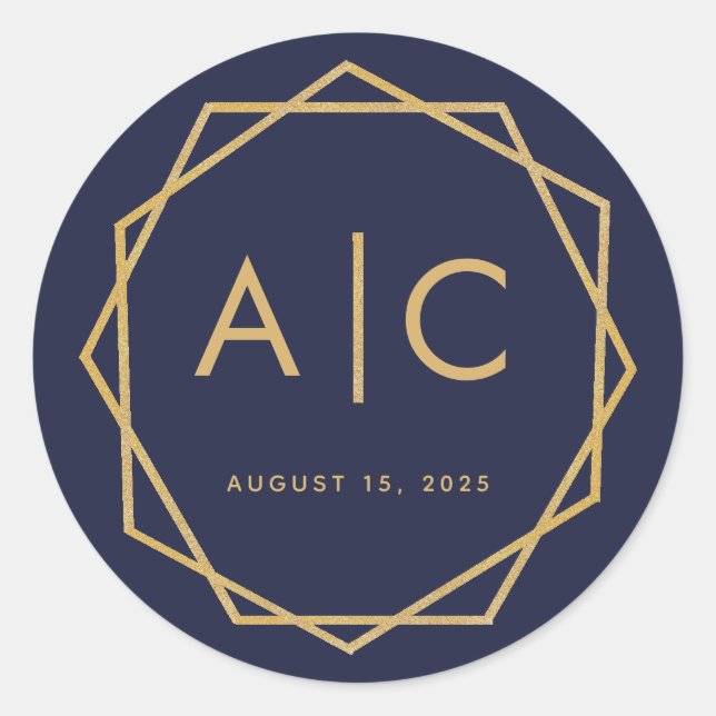 Navy Blue & Gold Modern Geometric Wedding Monogram Classic Round Sticker (Front)