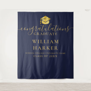 Navy Blue Gold Modern Graduation Photo Backdrop Tapestry