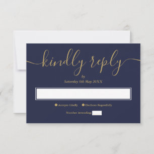 Navy Blue Gold Modern Minimalist Elegant Script RSVP Card