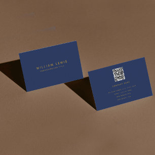 Navy Blue & Gold Modern Minimalist QR Code  Business Card