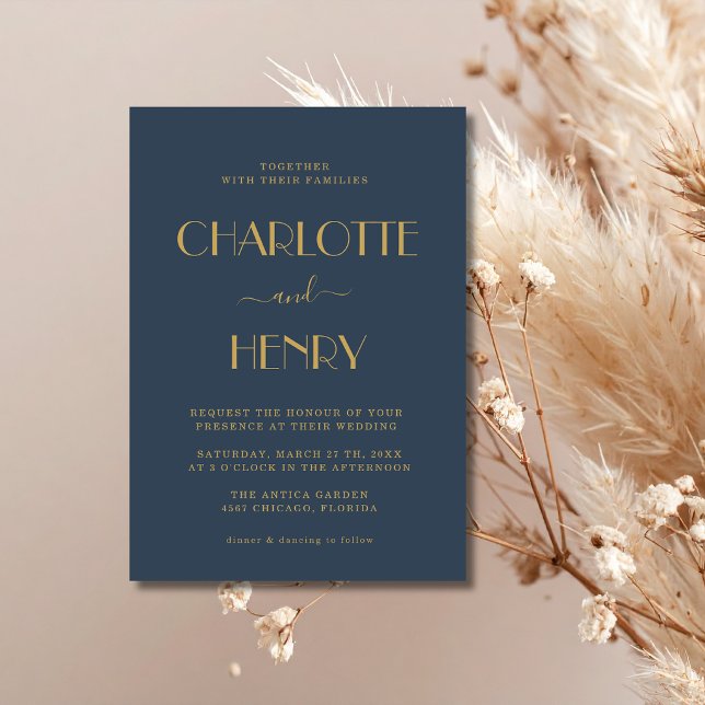 Navy Blue & Gold Modern Minimalist Simple Wedding Invitation (Creator Uploaded)