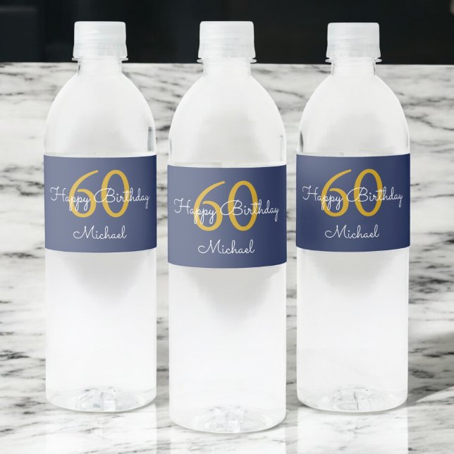 Navy Blue Gold Modern Script Birthday Water Bottle Label (Creator Uploaded)