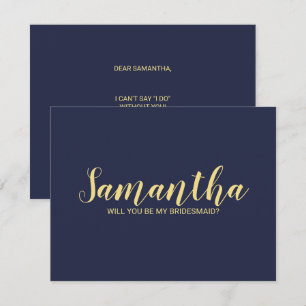 Navy Blue Gold Modern Script Bridesmaid Proposal Invitation