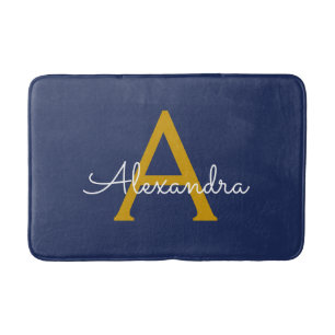 Navy Blue Gold Modern Script Girly Monogram Name Bath Mat