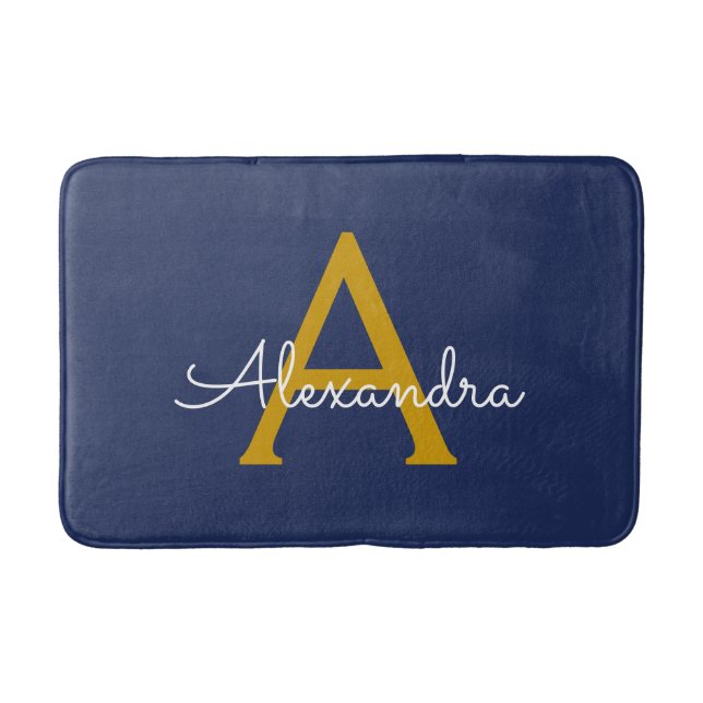 Navy Blue Gold Modern Script Girly Monogram Name Bath Mat (Front)