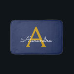 Navy Blue Gold Modern Script Girly Monogram Name Bath Mat<br><div class="desc">Navy Blue and Gold Simple Script Monogram Name Bath Mats. This makes the perfect graduation,  birthday,  wedding,  bridal shower,  anniversary,  baby shower or bachelorette party gift for someone that loves glam luxury and chic styles.</div>