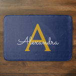 Navy Blue Gold Modern Script Girly Monogram Name Bath Mat<br><div class="desc">Navy Blue and Gold Simple Script Monogram Name Bath Mats. This makes the perfect graduation,  birthday,  wedding,  bridal shower,  anniversary,  baby shower or bachelorette party gift for someone that loves glam luxury and chic styles.</div>