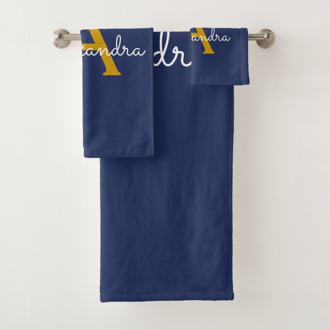 Navy Blue Gold Modern Script Girly Monogram Name Bath Towel Set (Insitu)