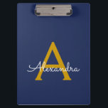 Navy Blue Gold Modern Script Girly Monogram Name Clipboard<br><div class="desc">Navy Blue and Gold Monogram Name Planning Clipboard. This makes the perfect sweet 16 birthday,  wedding,  bridal shower,  anniversary,  baby shower or bachelorette party gift for someone that loves glam luxury and chic styles.</div>