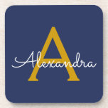Navy Blue Gold Modern Script Girly Monogram Name Coaster<br><div class="desc">Navy Blue and Gold Simple Script Monogram Name Paper Coasters. This makes the perfect graduation,  birthday,  wedding,  bridal shower,  anniversary,  baby shower or bachelorette party gift for someone that loves glam luxury and chic styles.</div>