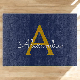 Navy Blue Gold Modern Script Girly Monogram Name Cutting Board