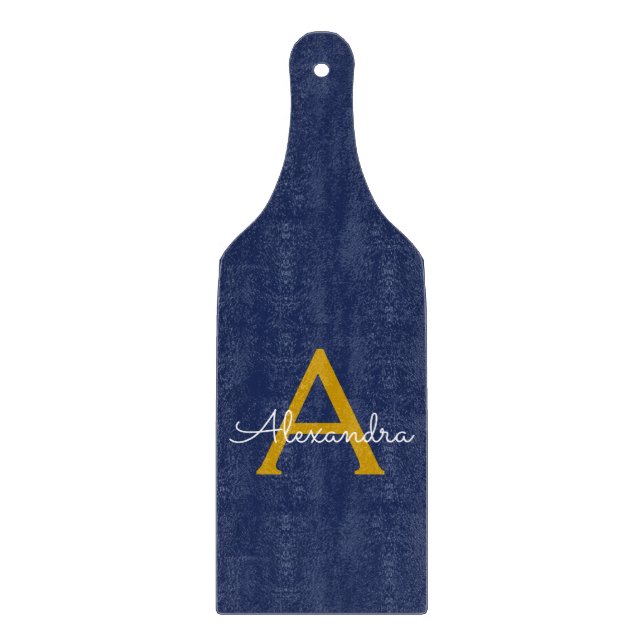 Navy Blue Gold Modern Script Girly Monogram Name Cutting Board (Front)