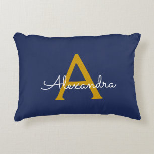 Navy Blue Gold Modern Script Girly Monogram Name Decorative Cushion