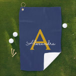 Navy Blue Gold Modern Script Girly Monogram Name Golf Towel<br><div class="desc">Navy Blue and Gold Monogram Name Golf Towel. This makes the perfect sweet 16 birthday,  wedding,  bridal shower,  anniversary,  baby shower or bachelorette party gift for someone that loves glam luxury and chic styles.</div>
