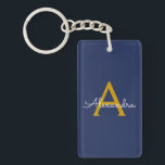 Navy Blue Gold Modern Script Girly Monogram Name Key Ring<br><div class="desc">Navy Blue and Gold Simple Script Monogram Name Keychain. This makes the perfect sweet 16 birthday,  wedding,  bridal shower,  anniversary,  baby shower or bachelorette party gift for someone that loves glam luxury and chic styles.</div>