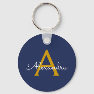 Navy Blue Gold Modern Script Girly Monogram Name Key Ring