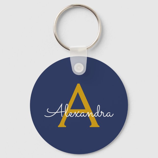 Navy Blue Gold Modern Script Girly Monogram Name Key Ring (Front)